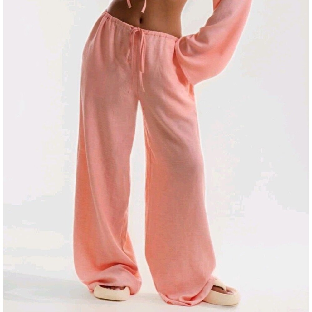 NWT MUSERA Linen Feel Beach Trousers Medium Semi Sheer Asymmetrical Raw Hem Boho